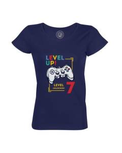 T-shirt Femme Col Rond Coton Bio Bleu Level Up! Unlocked 7 Anniversaire Celebration Enfant Cadeau Jeux Video Anglais