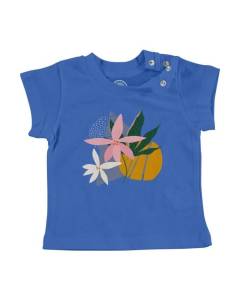 T-shirt Bébé Manche Courte Bleu Fleurs Style Contemporain Tropical Exotique Jungle Moderne