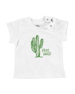 T-shirt Bébé Manche Courte Blanc Cactus Free Hugs - Plante Humour Dessin