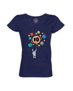 T-shirt Femme Col Rond Coton Bio Bleu Astronaute 10 ans Celebration Celebration Anniversaire Celebration Espace Planete Galaxie