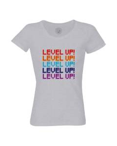 T-shirt Femme Col Rond Coton Bio Gris Level Up! Jeux Video Game Retro Gaming Pixel 8 Bits Anniversaire