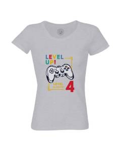 T-shirt Femme Col Rond Coton Bio Gris Level Up! Unlocked 4 Anniversaire Celebration Enfant Cadeau Jeux Video Anglais