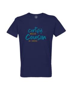T-shirt Homme Col Rond Coton Bio Bleu Certifié meilleur Cousin de l'univers Famille