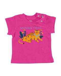 T-shirt Bébé Manche Courte Rose Maman Tigre et son Bébé Dessin Mignon