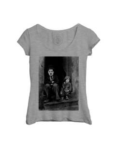T-shirt Femme Col Echancré Gris Charlie Chaplin The Kid Photo de Star Célébrité Acteur Vieux Cinéma Original 1