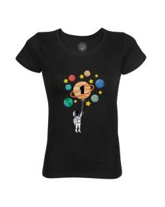 T-shirt Femme Col Rond Coton Bio Noir Astronaute 1 an Celebration Anniversaire Celebration Espace Planete Galaxie