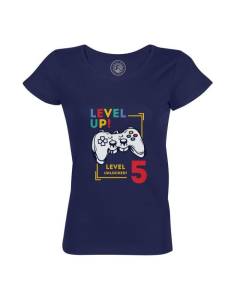 T-shirt Femme Col Rond Coton Bio Bleu Level Up! Unlocked 5 Anniversaire Celebration Enfant Cadeau Jeux Video Anglais