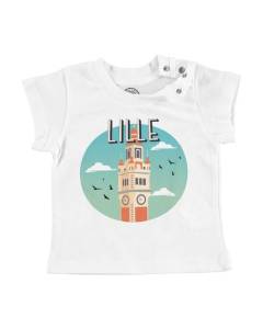 T-shirt Bébé Manche Courte Blanc Lille Le Clocher France Ville Monument Tourisme