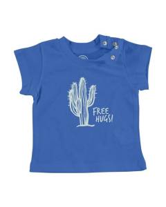 T-shirt Bébé Manche Courte Bleu Cactus Free Hugs - Plante Humour Dessin