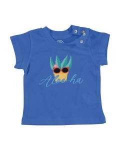 T-shirt Bébé Manche Courte Bleu Aloe-ha Plantes Pot Jardinage Aloe vera Hawaii
