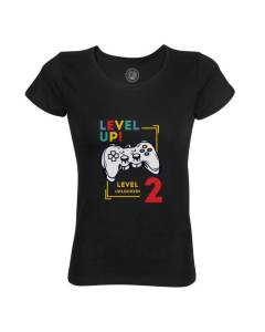 T-shirt Femme Col Rond Coton Bio Noir Level Up! Unlocked 2 Anniversaire Celebration Enfant Cadeau Jeux Video Anglais