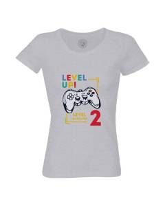 T-shirt Femme Col Rond Coton Bio Gris Level Up! Unlocked 2 Anniversaire Celebration Enfant Cadeau Jeux Video Anglais