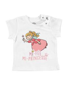 T-shirt Bébé Manche Courte Blanc Mi-Fée Mi-Princesse Dessin Original Illustration