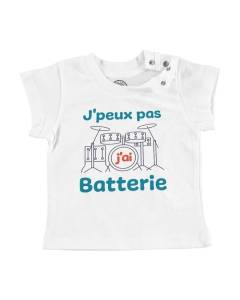 T-shirt Bébé Manche Courte Blanc J'Peux Pas J'ai Batterie Rock Instrument Musique