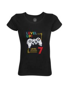 T-shirt Femme Col Rond Coton Bio Noir Level Up! Unlocked 7 Anniversaire Celebration Enfant Cadeau Jeux Video Anglais