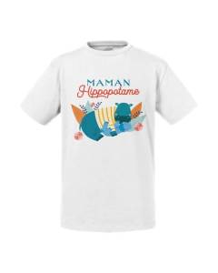 T-shirt Enfant Blanc Maman Hippopotame et son Bébé Dessin Illustration