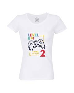 T-shirt Femme Col Rond Coton Bio Blanc Level Up! Unlocked 2 Anniversaire Celebration Enfant Cadeau Jeux Video Anglais