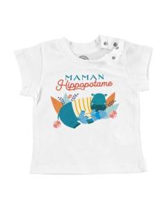 T-shirt Bébé Manche Courte Blanc Maman Hippopotame et son Bébé Dessin Illustration