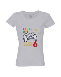 T-shirt Femme Col Rond Coton Bio Gris Level Up! Unlocked 6 Anniversaire Celebration Enfant Cadeau Jeux Video Anglais