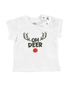 T-shirt Bébé Manche Courte Blanc Oh Deer Renne Noel Hiver Cadeau Père Noel