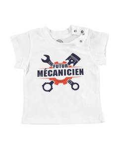 T-shirt Bébé Manche Courte Blanc Futur Mécanicien Métier Automobile Manuel