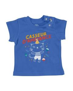 T-shirt Bébé Manche Courte Bleu Chat Casseur d'Ambiance Dessin Illustration