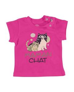 T-shirt Bébé Manche Courte Rose Maman Chat et son Chaton Dessin Illustration Bebe