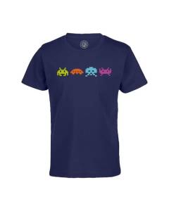 T-shirt Enfant Bleu Pixel Invaders Couleur Jeux Video Game Retro Gaming 80's 8 Bits