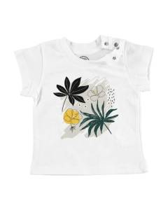 T-shirt Bébé Manche Courte Blanc Hibiscus Minimaliste dessin Tropical Exotique Jungle