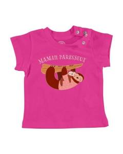T-shirt Bébé Manche Courte Rose Maman Paresseux et son Bébé Dessin Illustration