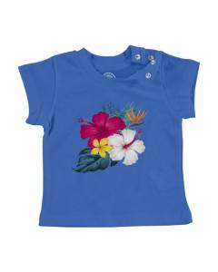 T-shirt Bébé Manche Courte Bleu Hibiscus Fleurs Tropicales Exotique Jungle