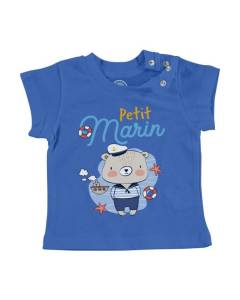 T-shirt Bébé Manche Courte Bleu Petit Marin Dessin Illustration Bateau Mer