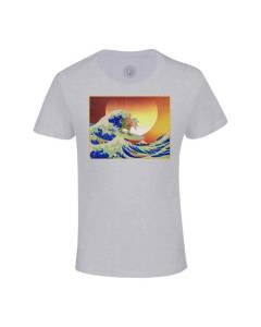 T-shirt Enfant Gris Meme Surfing Houkusai Waves Collage Vintage Illustration Art Humour Parodie Meme Blague Zoomer
