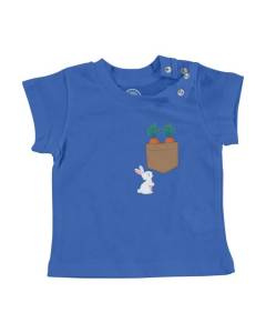 T-shirt Bébé Manche Courte Bleu Poche Surprise Lapin Carrottes Mignon Dessin