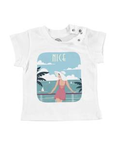 T-shirt Bébé Manche Courte Blanc Nice Promenade des Anglais Mer Soleil Voyage