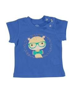 T-shirt Bébé Manche Courte Bleu Girafe Hipster Mignon Dessin Illustration Originale