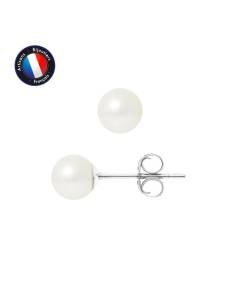 PERLINEA - Boucles d'Oreilles - Véritables Perles de Culture d'Eau Douce Rondes 6-7 mm Blanc Naturel - Or Blanc - Bijoux Femme