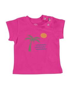 T-shirt Bébé Manche Courte Rose Mer Cocotier Soleil Tropical Exotique Plage Minimaliste