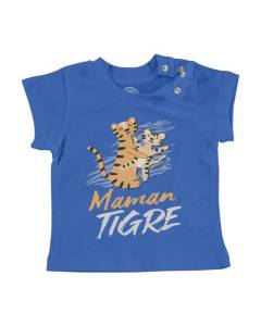 T-shirt Bébé Manche Courte Bleu Maman Tigre et son Bébé Dessin Illustration Mignon