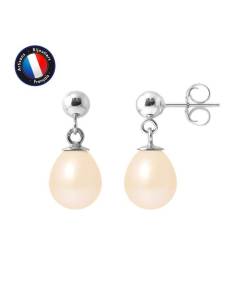 PERLINEA - Boucles d'Oreilles Comète - Véritables Perles de Culture d'Eau Douce 7-8 mm Rose Naturel - Or Blanc - Bijoux Femme