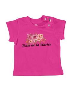 T-shirt Bébé Manche Courte Rose Team de la Mariée Mariage Bouquet Aquarelle