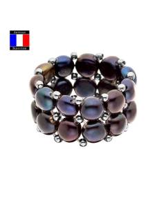Compagnie Générales des Perles - Bague 2 Rangs - Véritable Perle de Culture d'Eau Douce Bouton Noire - Taille Réglable - Bijou Femme