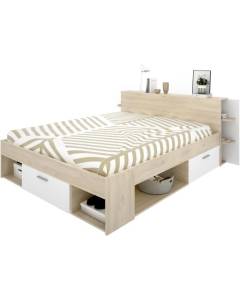SAX Lit adulte - 140x190 cm - 3 tiroirs + Tête de lit avec rangement - Décor chêne et blanc