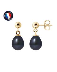 PERLINEA - Boucles d'Oreilles Comète - Véritables Perles de Culture d'Eau Douce Noires Poires 7-8 mm - Or Jaune - Bijoux Femme