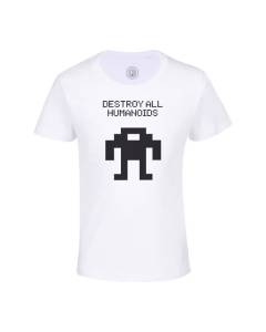 T-shirt Enfant Blanc Destroy All Humanoids Pixel Art Retro Arcade Gaming Jeux Video Parodie