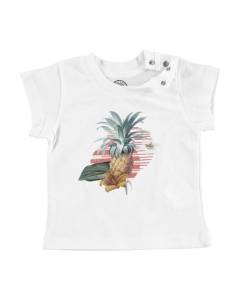 T-shirt Bébé Manche Courte Blanc Ananas et Fleurs Tropicales Exotique Jungle Botanique