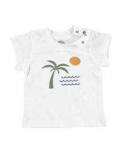 T-shirt Bébé Manche Courte Blanc Mer Cocotier Soleil Tropical Exotique Plage Minimaliste