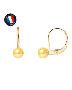 PERLINEA - Boucles d'Oreilles Dormeuses - Véritables Perles de Culture d'Eau Douce Rondes 5-6 mm Gold - Bijoux Femme - Or Jaune
