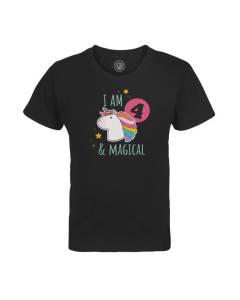 T-shirt Enfant Noir I am 4 and Magical Anniversaire Celebration Cadeau Anglais Licorne Fantaisie