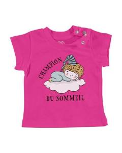 T-shirt Bébé Manche Courte Rose Champion Du Sommeil Dessin Original Mignon Bébé
